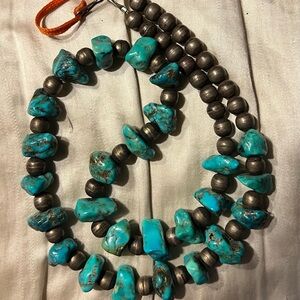 Vintage Old Pawn Authentic Navajo Turquoise Sterling Silver Beaded Necklace 25”